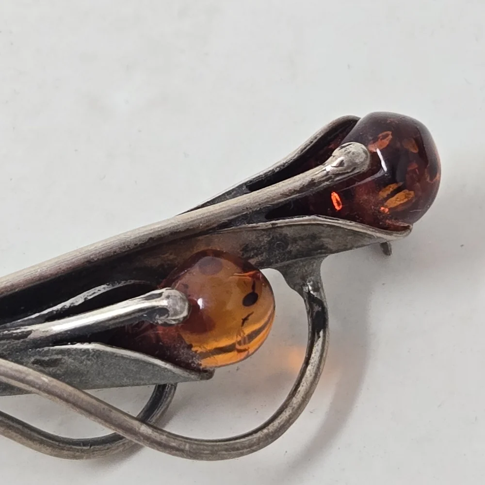 Vintage Sterling Silver 925 Baltic Amber 2” Calla Lily Floral Brooch Pin - Picture 2 of 11